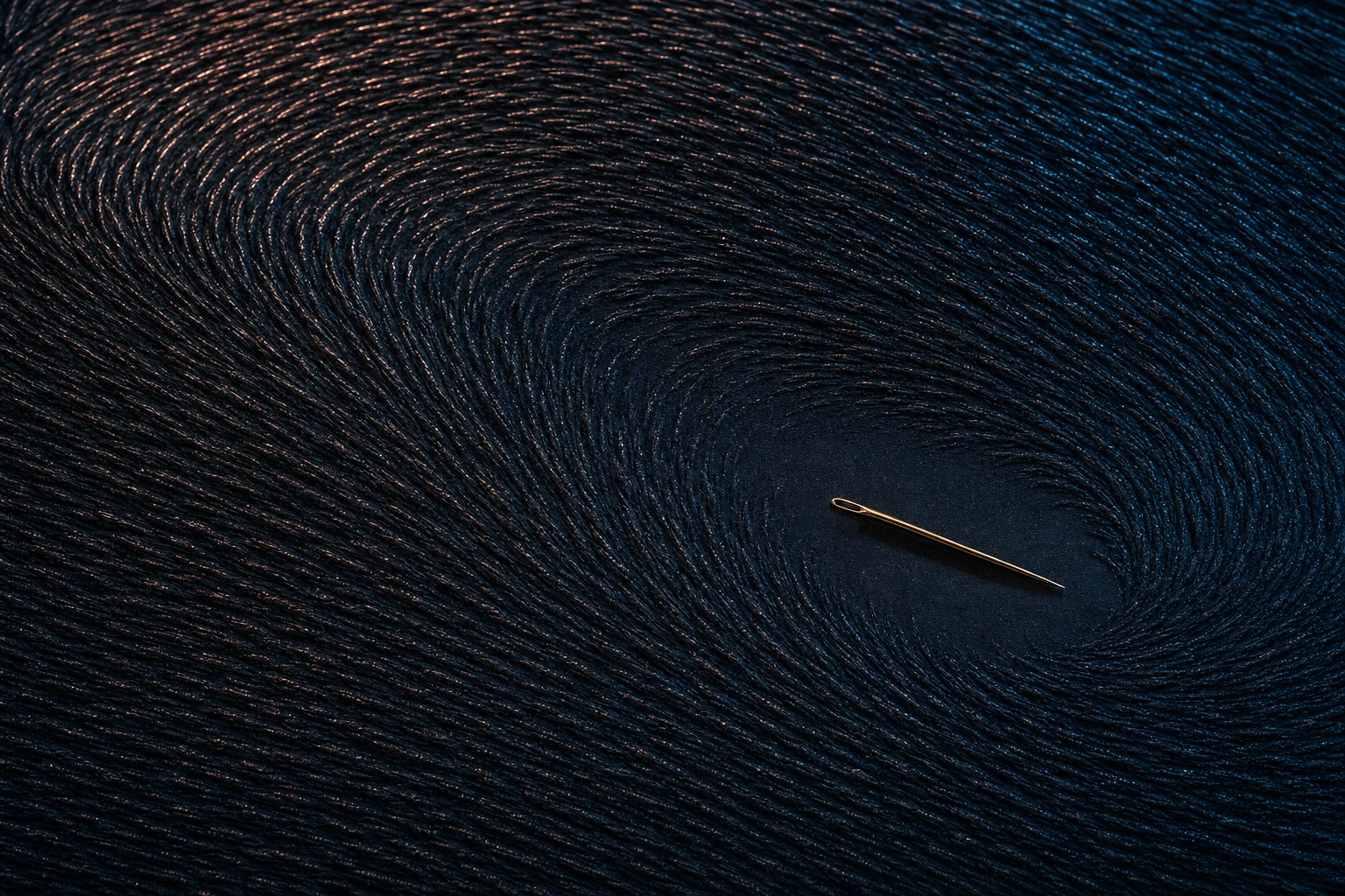 Thousands of dark filings comb into one sweeping storm pattern while a lone gold needle lies against the flow in clear space.