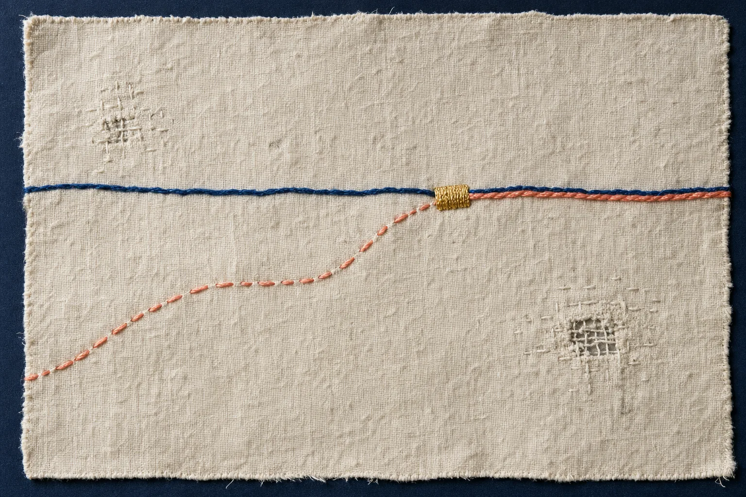 An indigo line and coral stitch follow different courses before joining at one visible gold repair.
