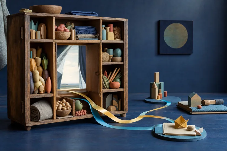 Food-colored wooden forms occupy spacious cabinet compartments while a gold-and-cyan ribbon flows into open space.