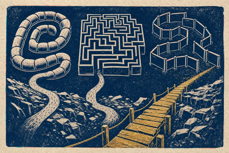 Three looping indigo routes return to their starts while a rough gold footbridge crosses imperfect ground.