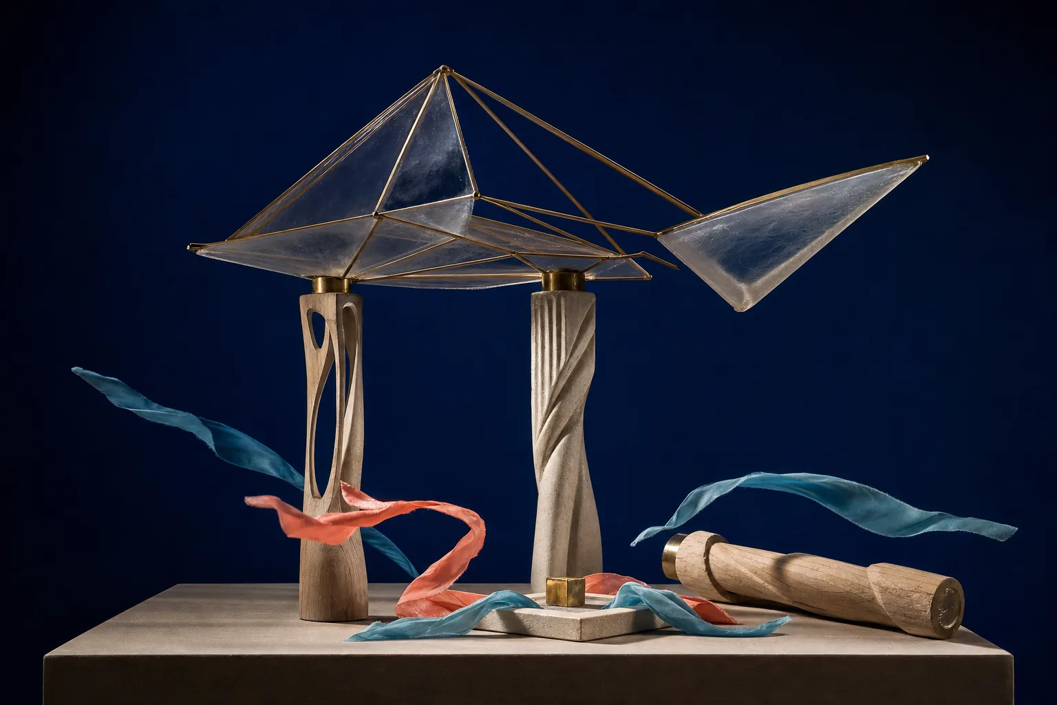Three handmade columns support a folded translucent canopy as one disengages beside a still gold core.