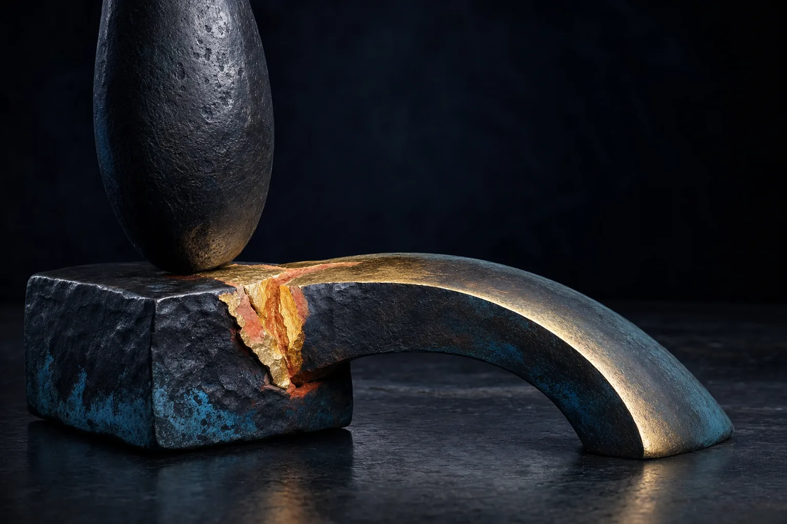 A rounded iron block presses a scarred steel slab open into a broad gold-seamed bridge.