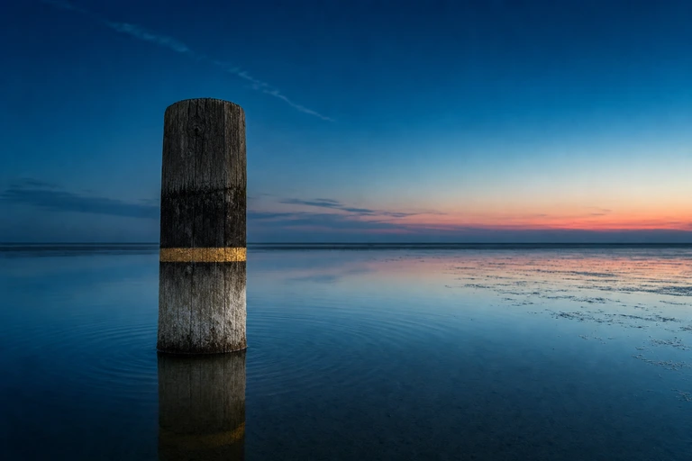 A weathered mooring post in still dusk water shows dark high-tide and pale low-tide bands around one worn gold middle band.