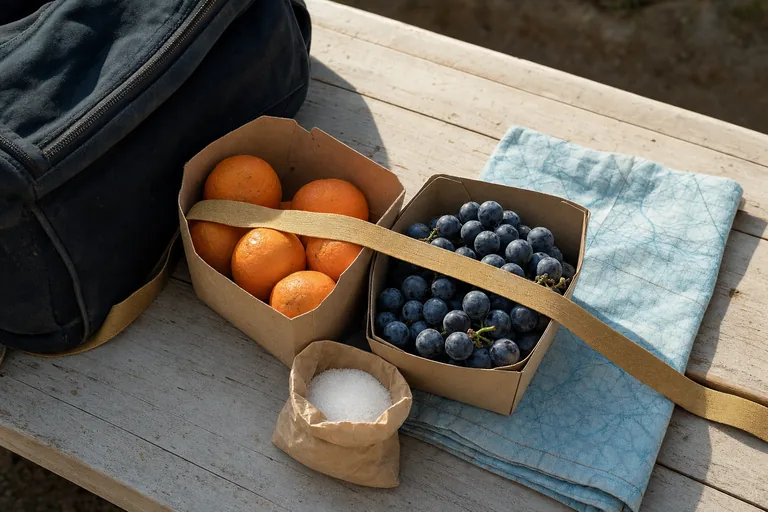 Oranges and grapes in unbranded cartons rest beside a travel bag, gathered by one gold luggage strap.