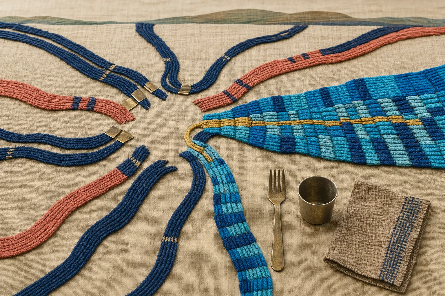 Loose strands meet, and one gold strand becomes a durable weave beside plain everyday utensils.
