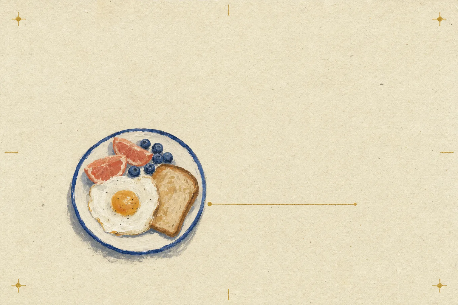 A small, plainly painted breakfast plate sits amid generous negative space on warm textured paper.