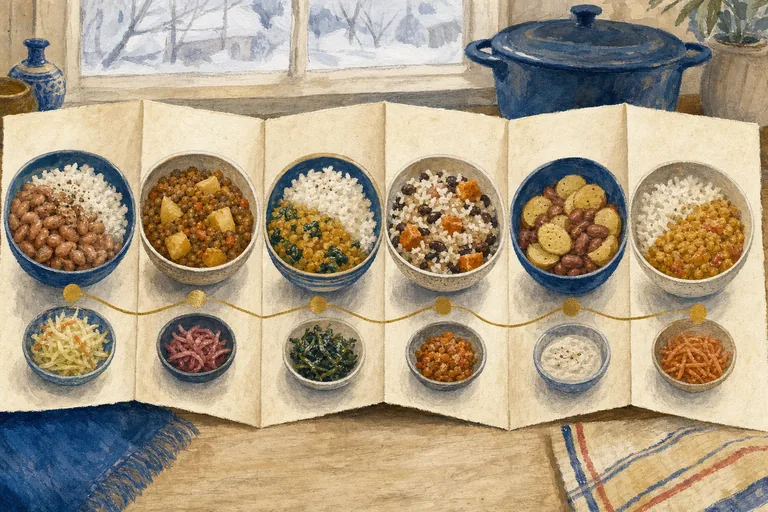 Simple bowls of beans, rice, potatoes, and lentils repeat across a practical winter meal tour.