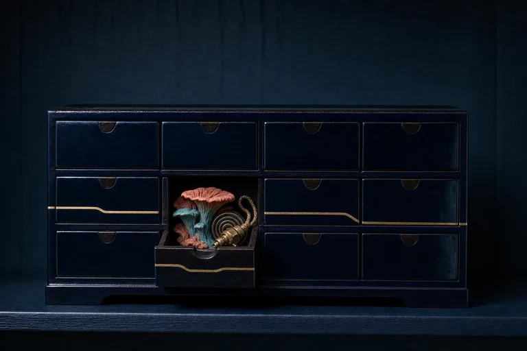 One lacquer drawer opens slightly onto a carved fungus form while the other drawers remain closed.
