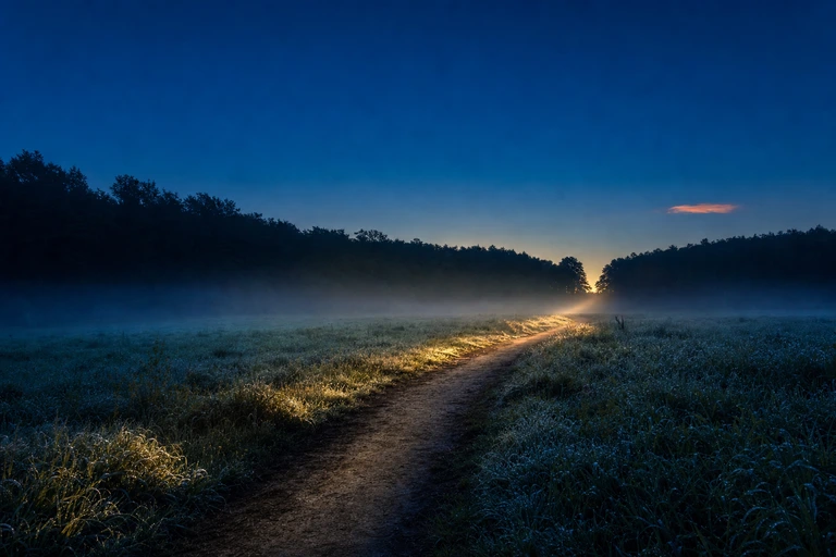 First light before sunrise sends one warm gold beam across a dew covered meadow path under a deep blue sky.