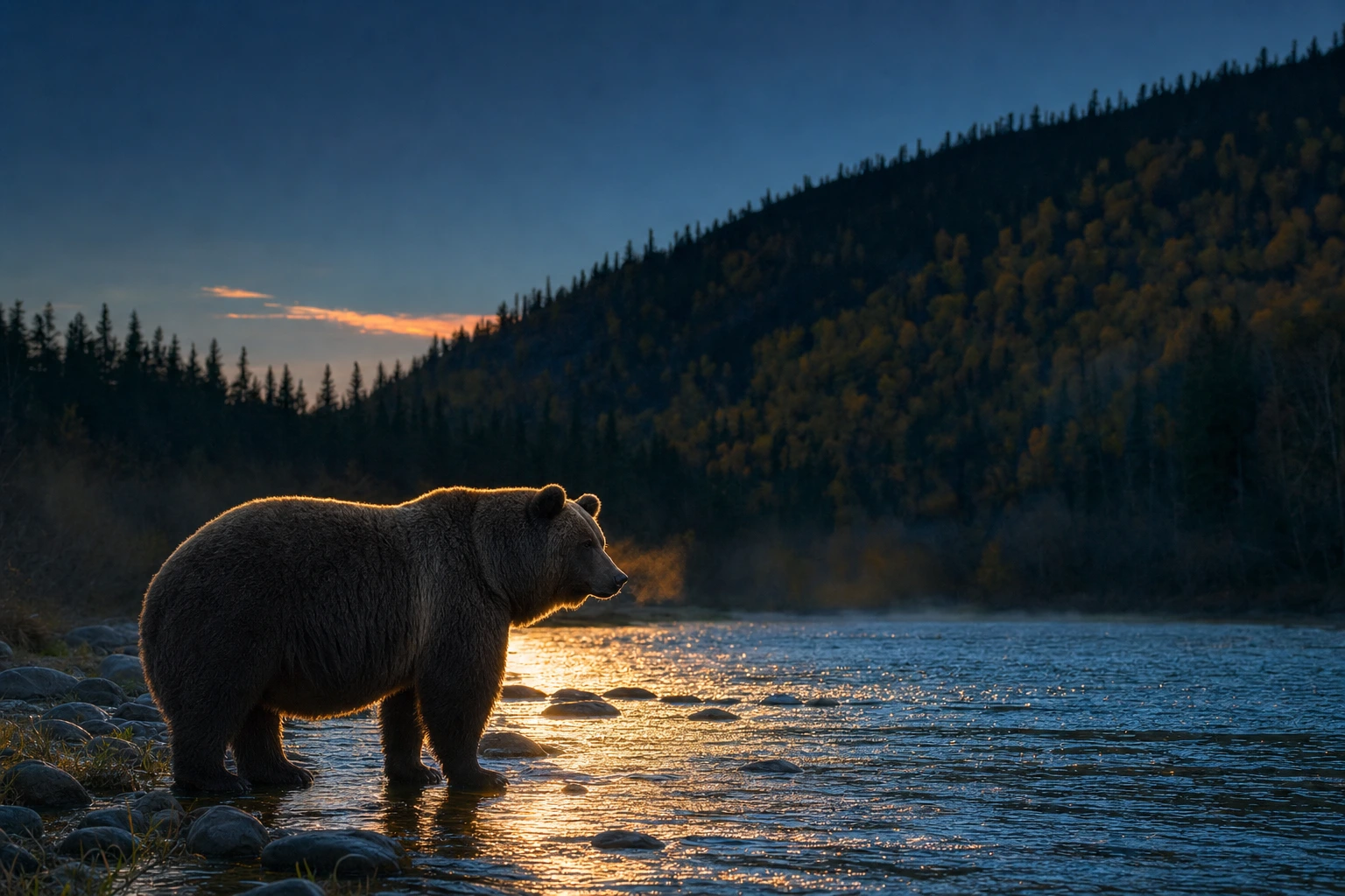 A calm heavy brown bear stands in profile at the edge of a dusk river as one low warm gold beam skims the water and rims its fur.