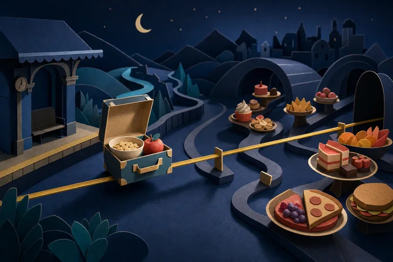 A paper travel case carries one bowl and apple along a gold rail past offered side platters.