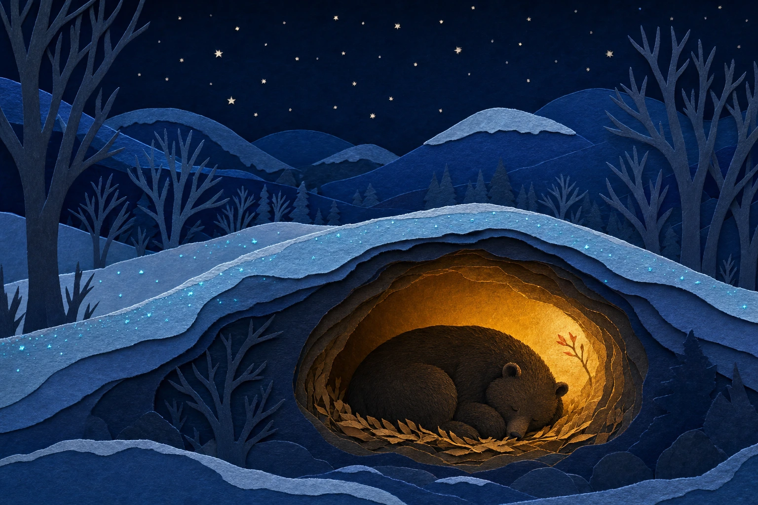 A layered paper winter hillside opens on a hidden den where a curled sleeping bear rests in a soft warm gold glow beneath snow and stars.