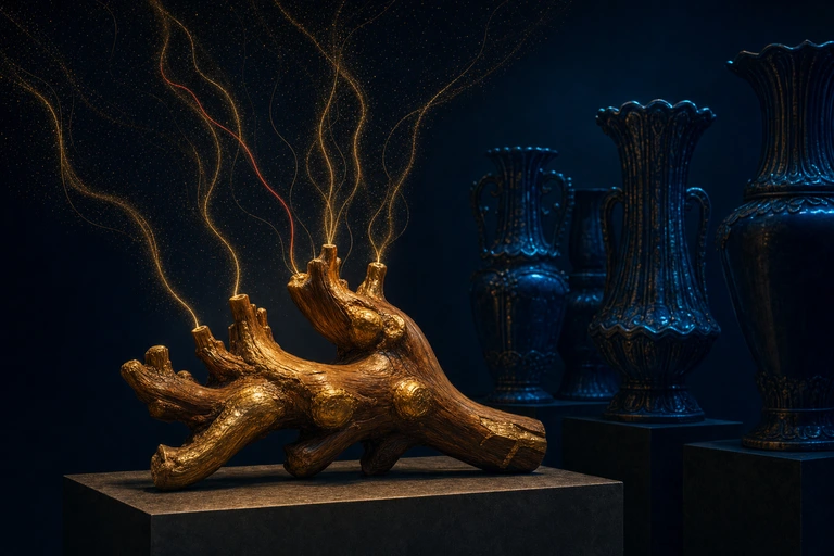 A gilded carved wooden root on a stone plinth sends up fine gold filaments while ornate empty vessels stand cold in shadow.