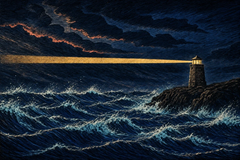A carved woodcut storm sea churns in dark waves around a small stone beacon whose steady warm gold beam lies level across the water.