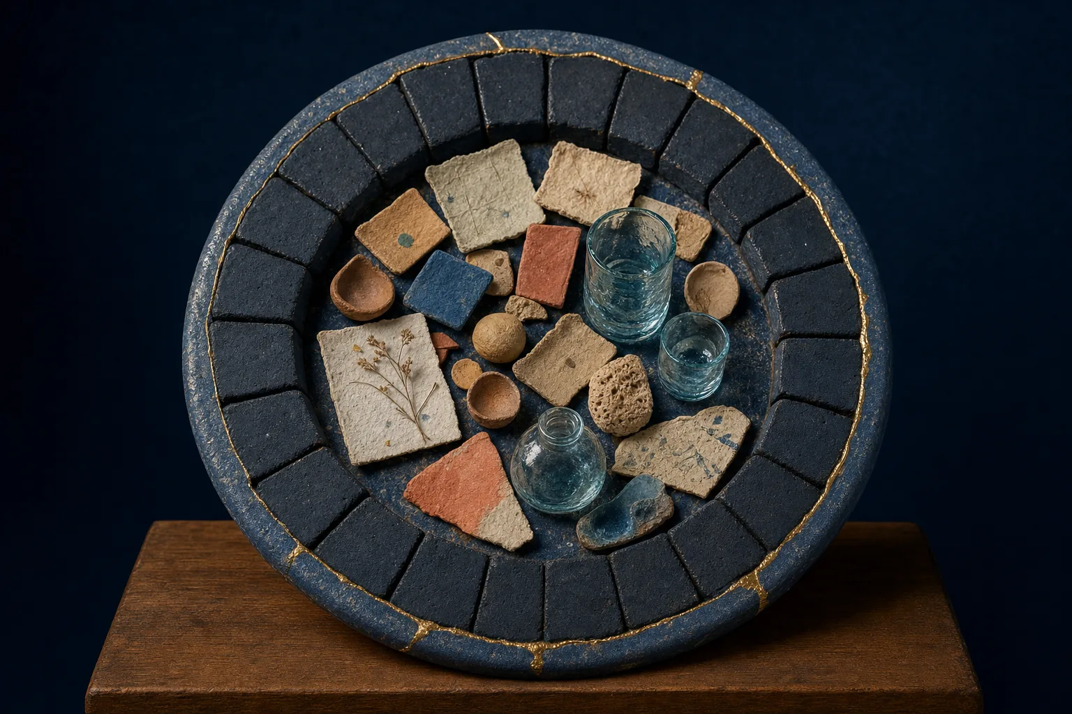 An intact ceramic day-ring surrounds varied replacement tiles and newly returned clear-glass water forms.