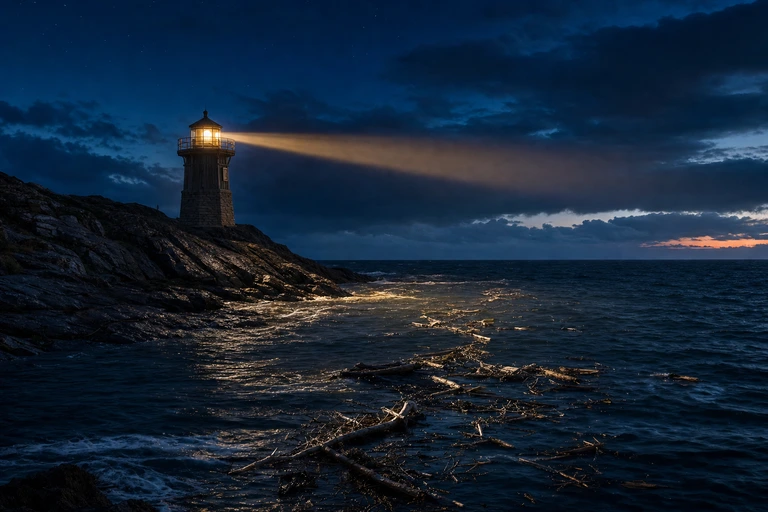 A small weathered beacon casts one warm beam over dark night water as pale storm flotsam drifts away.
