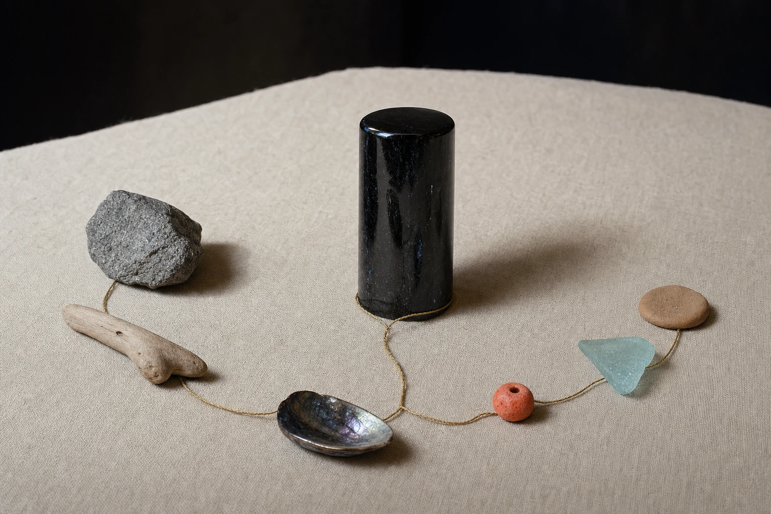 A black obsidian cylinder stands on pale linen amid a loose arc of stone, driftwood, shell, bead, sea glass, and clay.