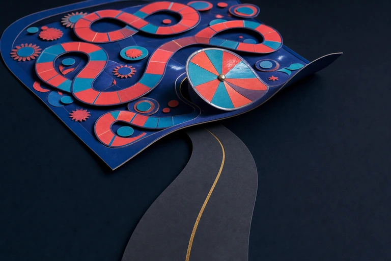 A folding cut-paper game board of crooked glossy loops dims while a plain gold-seamed path runs past its edge.