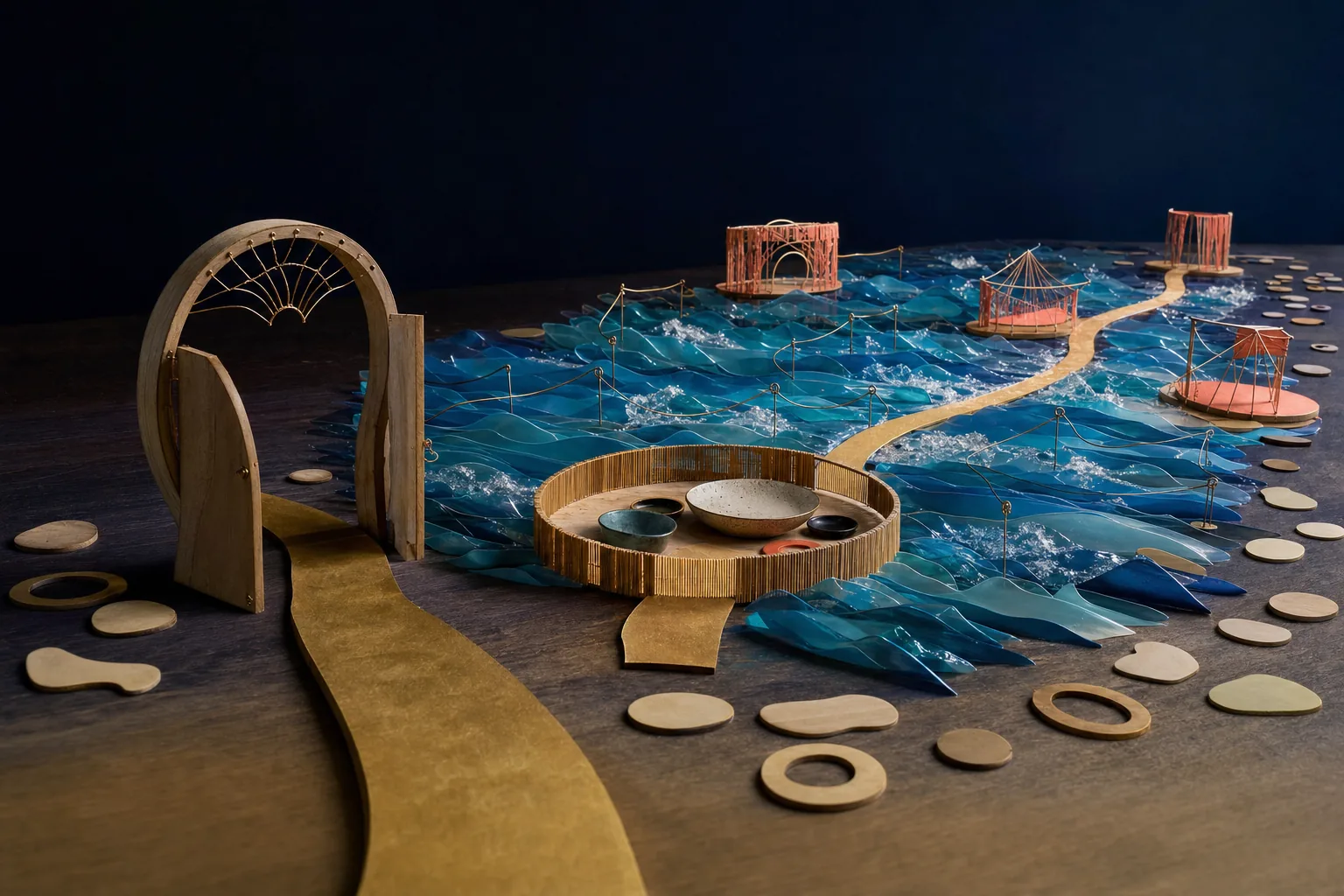 A gold path begins immediately, passes one gate and plate, then crosses translucent waves.