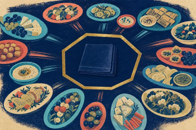 Colorful serving plates pause outside a gold boundary enclosing one calm folded place cloth.