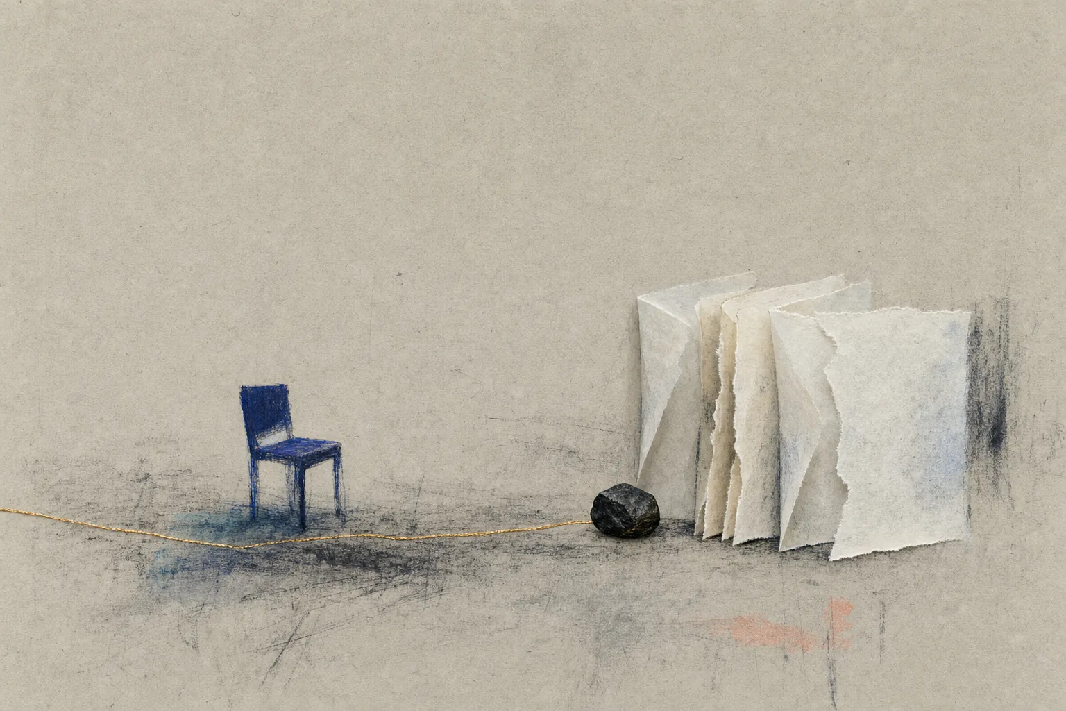 A thin gold route stops at a dense black stone beside an empty blue waiting form.