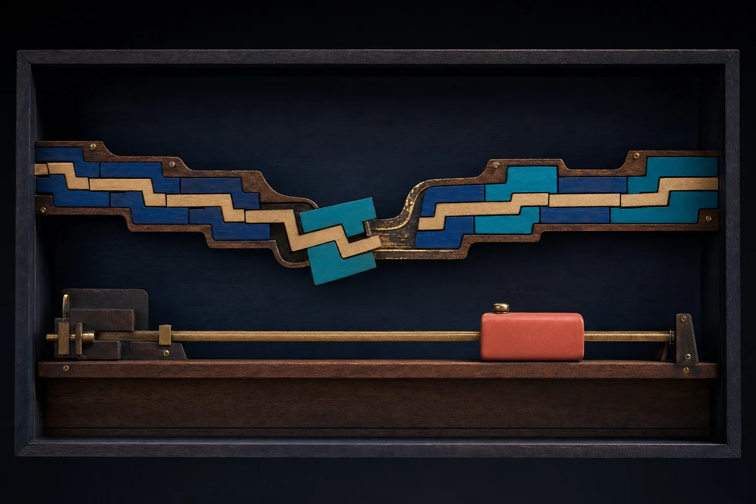 A displaced wooden rhythm piece follows a worn gold groove back into a long offset cadence track.