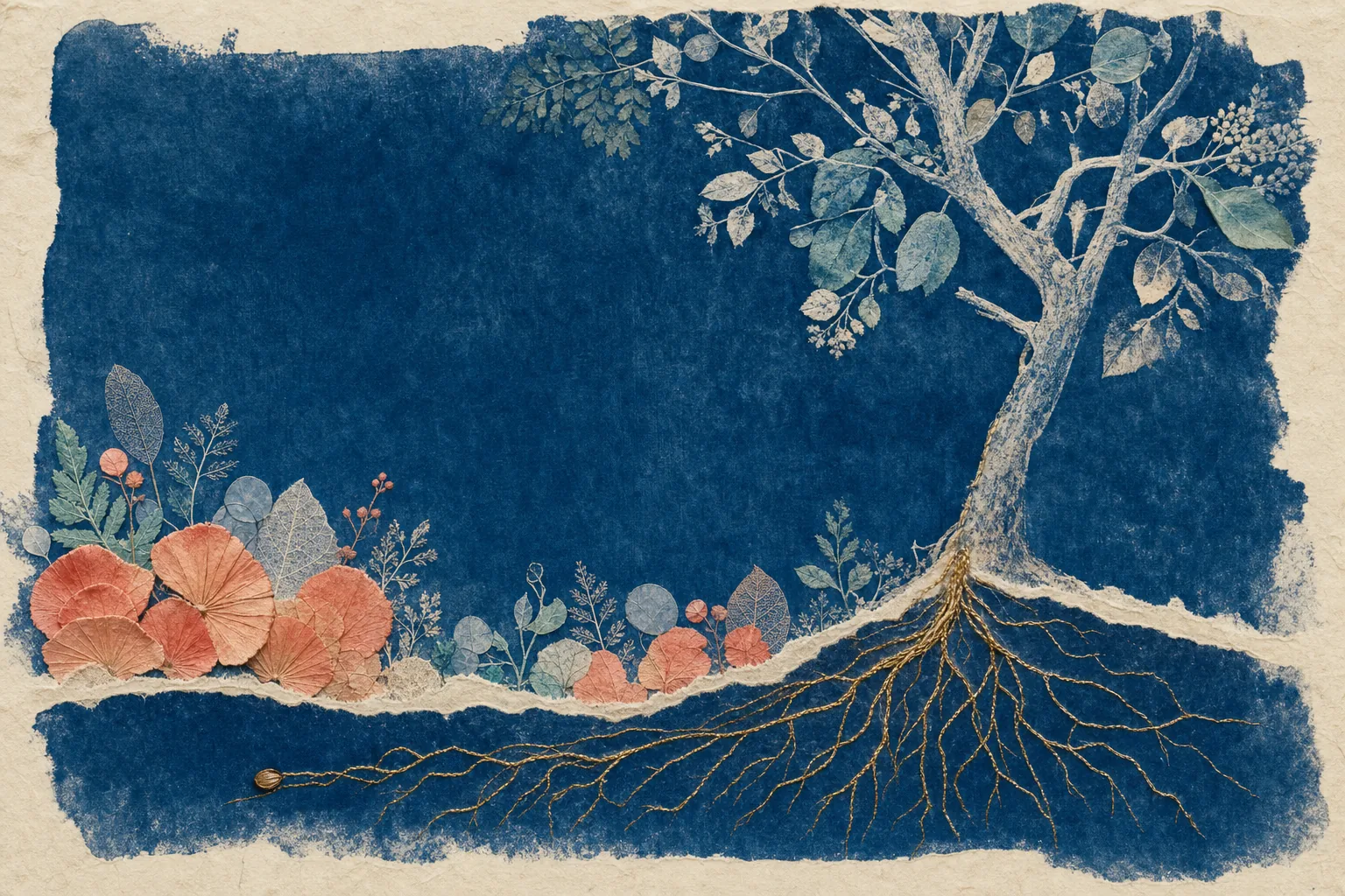 A nearly hidden seed sends a stitched gold root toward a broad asymmetrical tree.