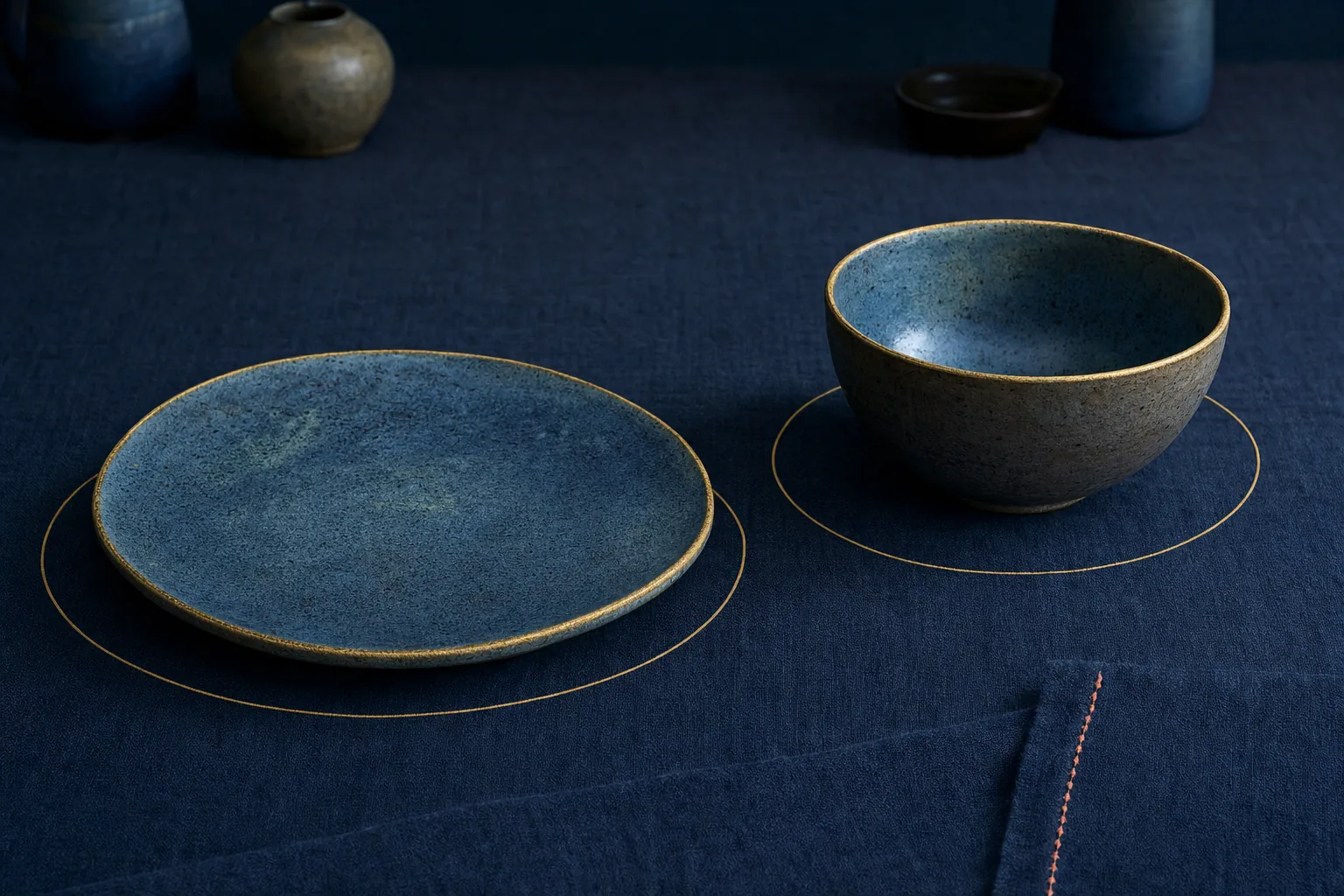 A handmade ceramic plate and bowl rest on midnight-blue linen, each outlined by a fine gold contour.