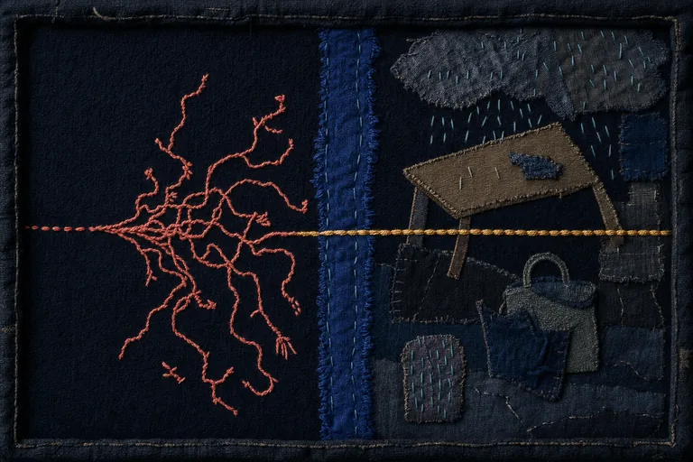 Coral threads multiply into an ornate knot beside a gold seam that continues through stitched weather.