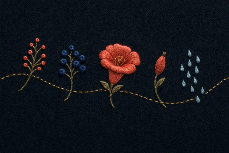 Five embroidered botanical motifs cross a midnight wool panel in a calm arc joined by one continuous warm gold running stitch.