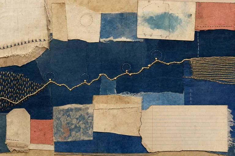 A stitched gold route crosses layered archival paper from a dense field into a broad stable band.