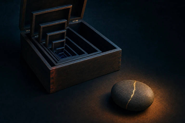 Open dark wooden boxes nest one inside another receding into shadow while a solid stone with a single gold seam rests apart in warm light.
