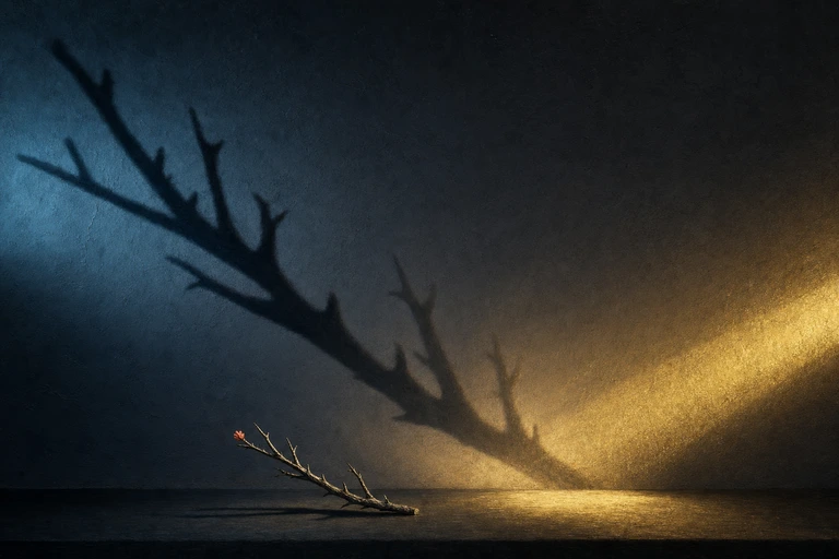 A small dry twig on a table casts a huge jagged shadow up a dark wall while a warm gold beam from the other side begins to shrink it.
