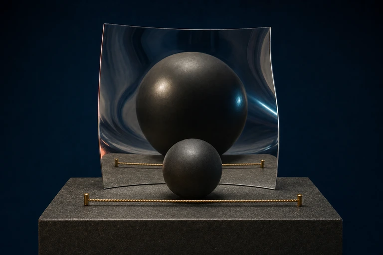 A warped steel mirror reflects a matte sphere as swollen while a taut gold cord beside it spans the true width of the sphere.