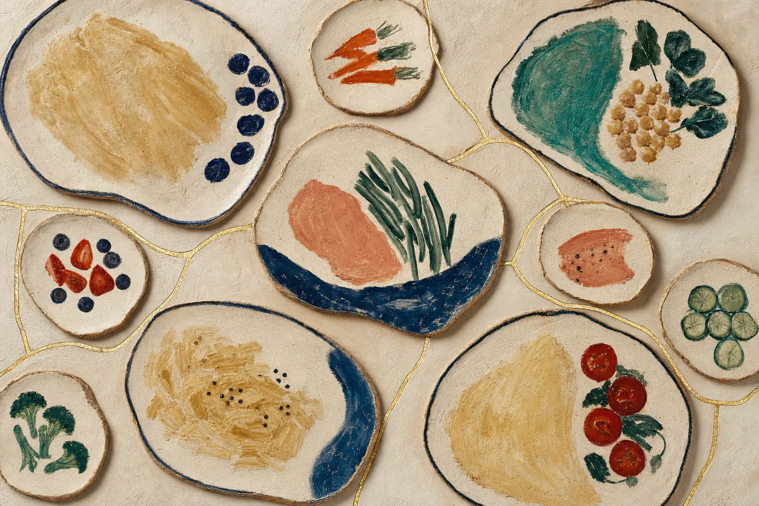 Irregular ceramic plate tiles hold varied meal-like brush fields along a wandering gold grout line.