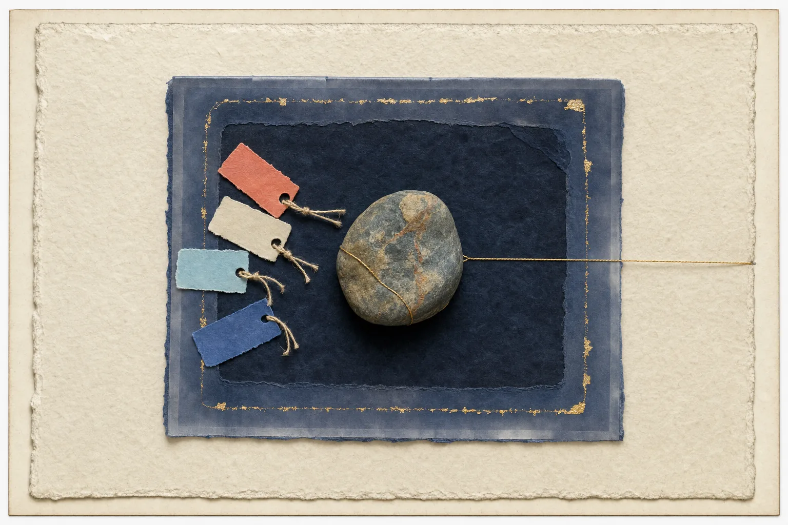 Blank paper tags fall from an irregular stone held inside a clearly bounded indigo frame.