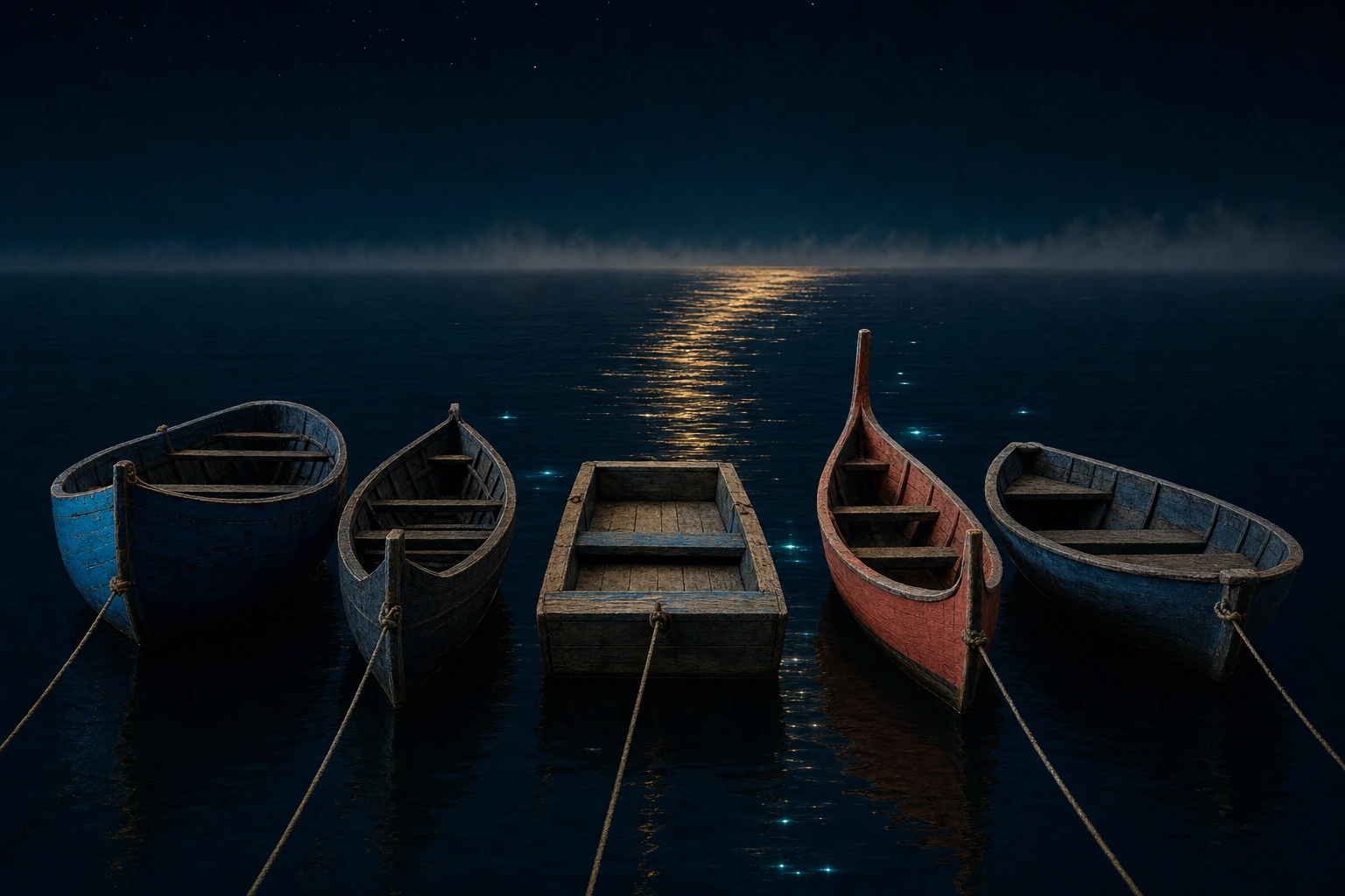 Five small wooden boats with clearly different hull shapes float moored on dark water while one gold current line runs past them into the dark.