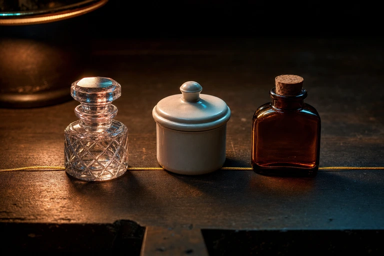 Three small closed vessels of glass and stoneware stand in a considered row on a dark bench joined by a fine gold silk thread.