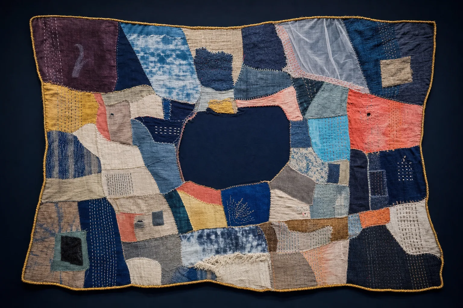 An irregular quilt of changing practices is held together by one continuous gold boundary seam.