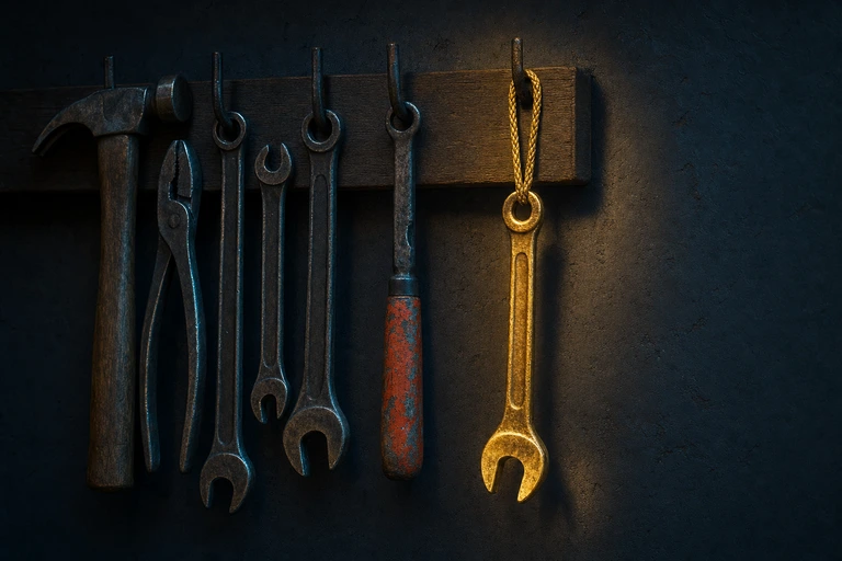 One warm gold wrench worn bright from use hangs in soft light on a dark workshop board among plain steel tools in shadow.