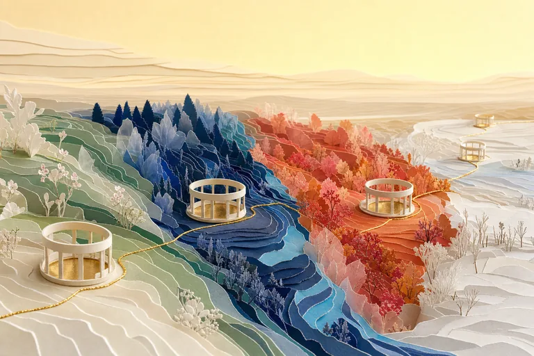 One gold route and recurring circular shelter continue through four changing paper landscapes.