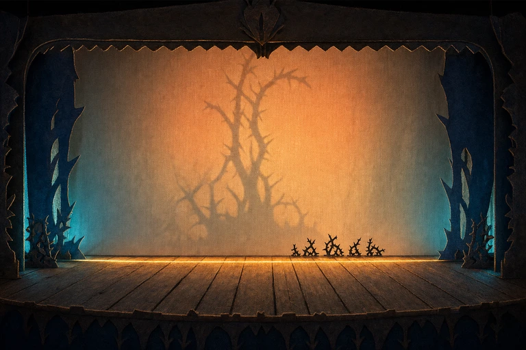 A warmly lit theatre stage with a gold thread of light across its boards holds only a few tiny dark thorn shaped silhouettes at one far edge.