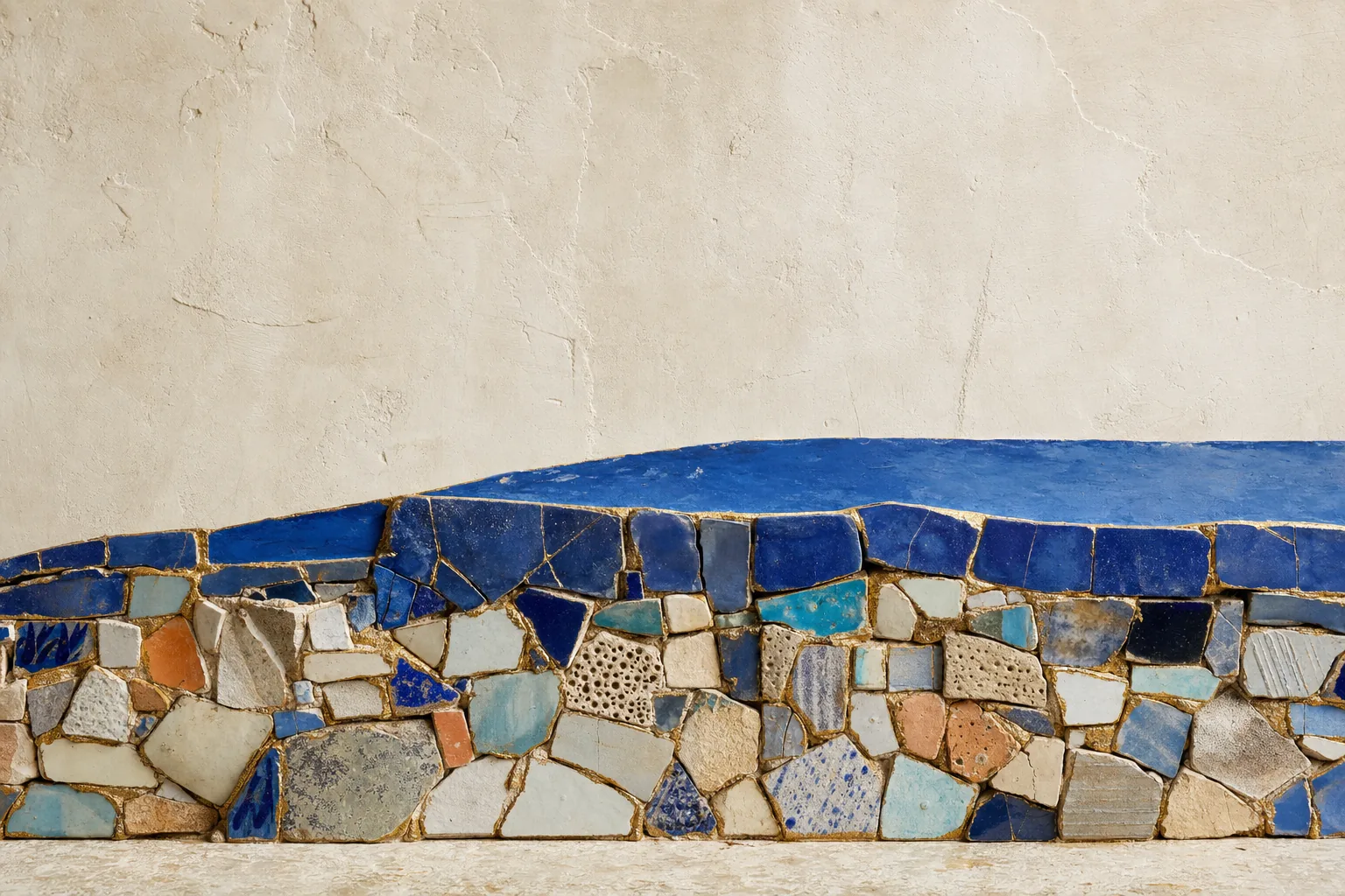 Chipped mismatched tiles become a stable mosaic foundation, held together by visible gold mortar.