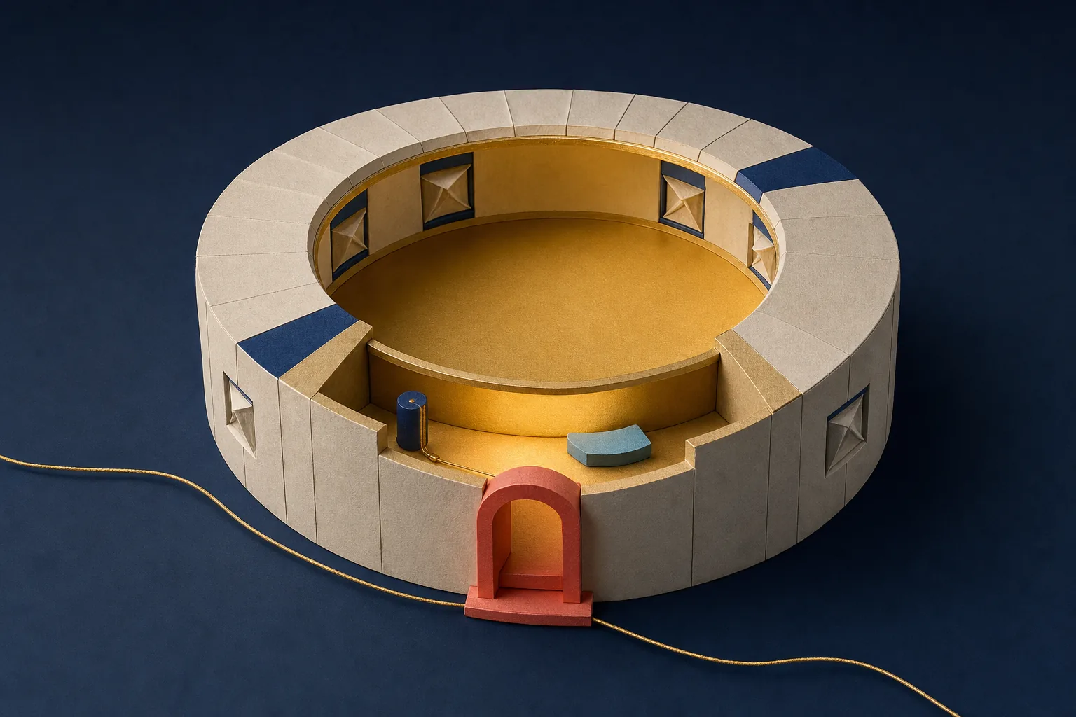 A circular paper-and-ceramic day structure with one gold open bay and sealed side apertures.
