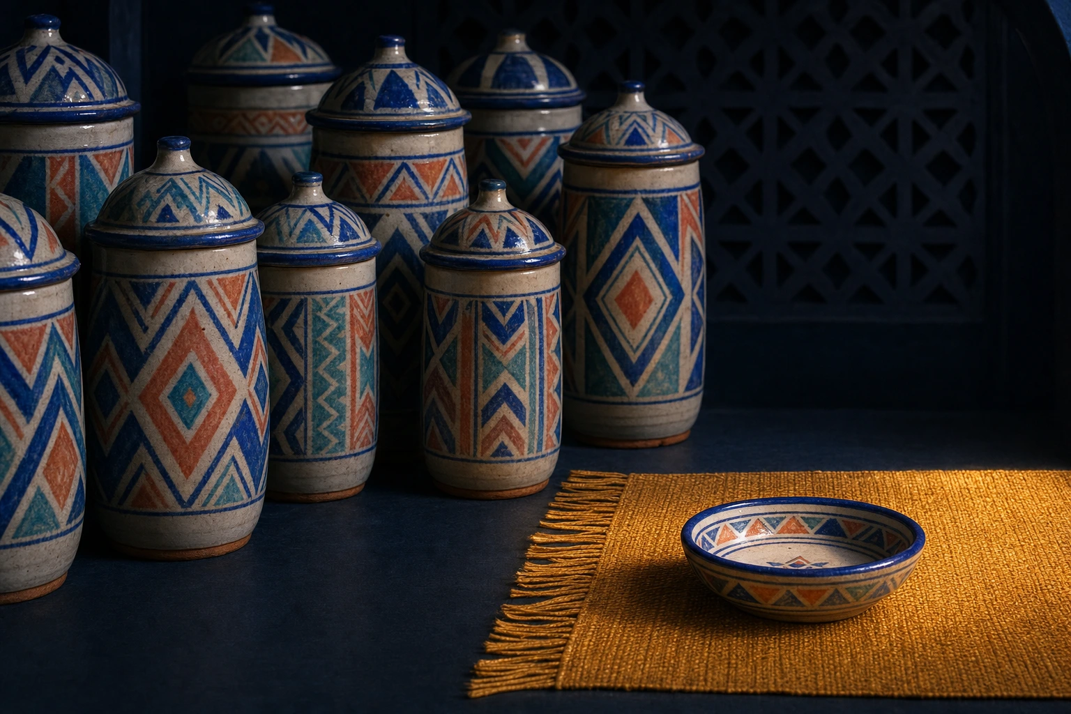 Tall painted lidded jars crowd in shadow while one small open dish sits alone in warm light on a gold woven mat.