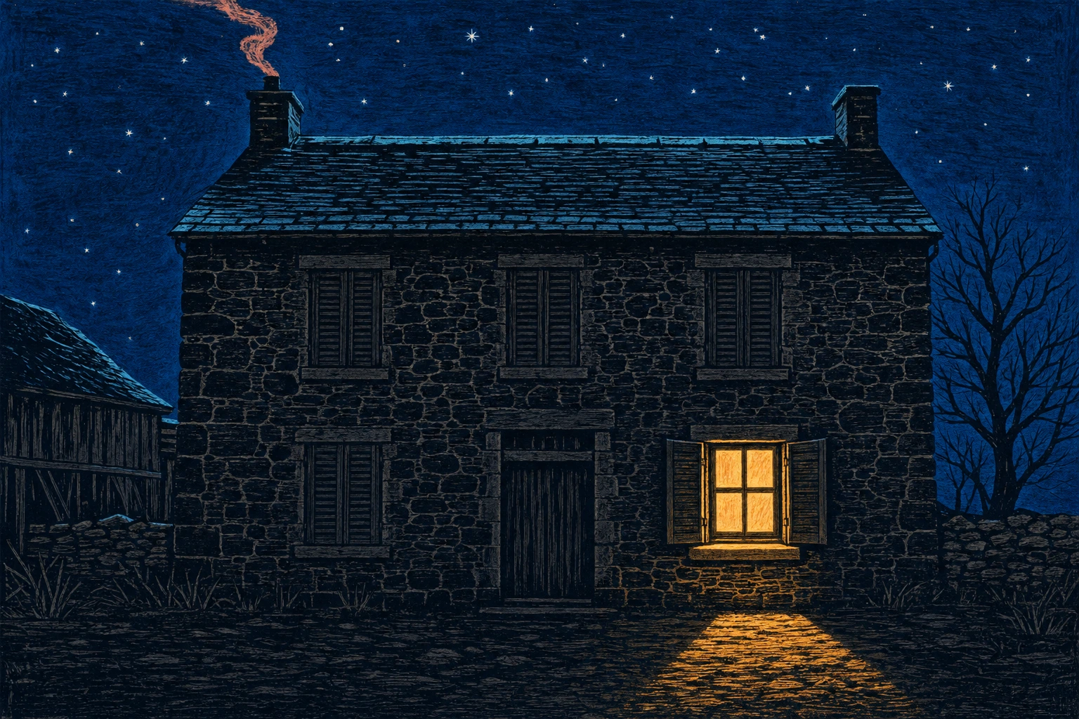A dark carved cottage facade at night holds a single warmly lit window that spills gold light onto the sill and ground below.