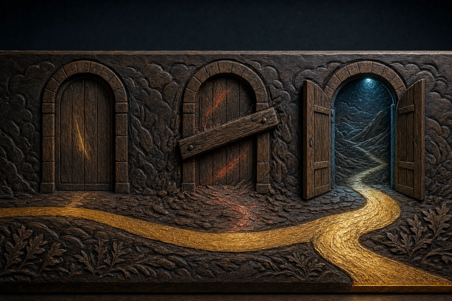A carved oak relief shows three gates, one shut, one braced, one worn open, with a gold path running past all three.