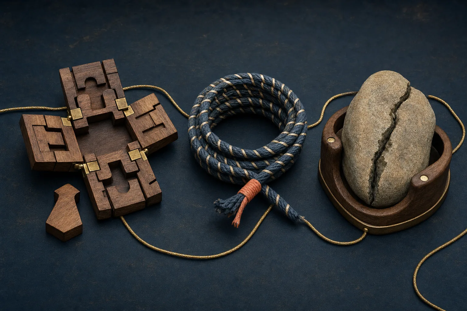 An opened wood puzzle, retied woven loop, and cleft stone in a fitted cradle share a table.