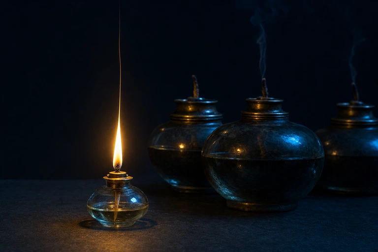 A small glass lamp with little oil burns with a tall gold flame while larger overfilled brass vessels sit dim behind it.