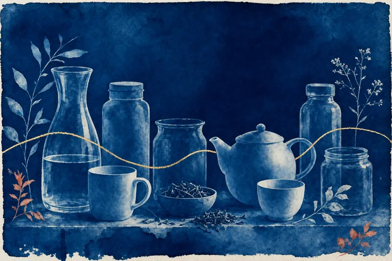 Cyanotype impressions of water, coffee, and tea vessels are joined by a fine hand-gilded line.